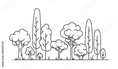 a simple black and white line drawing depicts a collection of varied trees showcasing different shapes and sizes against a plain background forming a forest