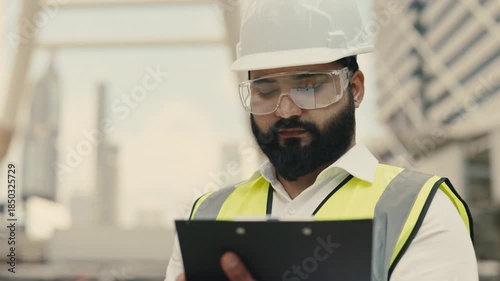 Portrait of Indian taskmaster with protective goggles and helmet reading documents at construction site. Technician checks plans of architectural development in urban environment