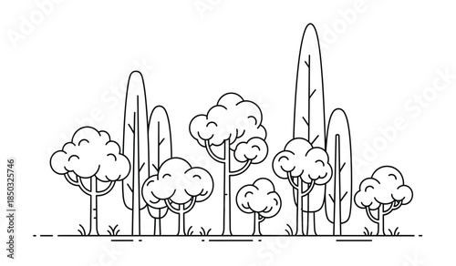 a simple black and white illustration depicts a line of various shaped trees against a flat ground landscape with minimal detail high quality