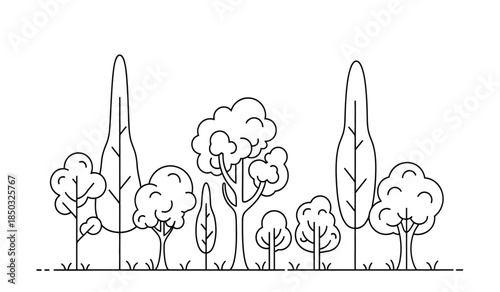 a simple black and white illustration depicts a line of trees with varying heights and shapes suggesting a forest scene high quality professional