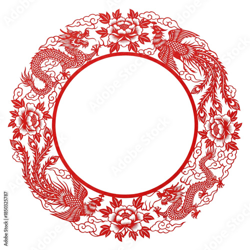 Red Paper Cut Circle Frame With Dragon And Phoenix