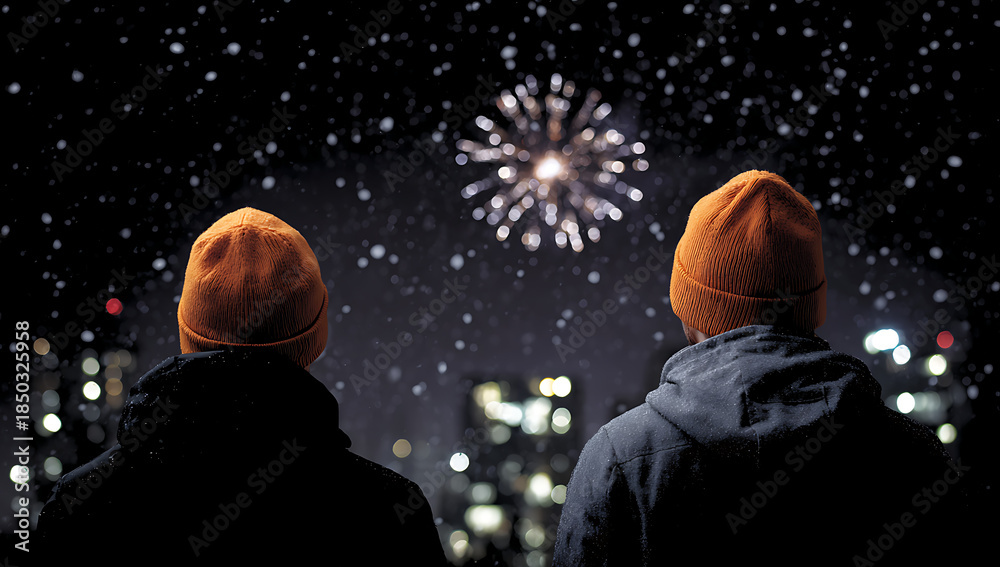 Fototapeta premium Friends watching fireworks over city in winter evening