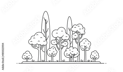 A minimalist black and white illustration depicts a collection of varied trees with rounded and conical shapes standing on a simple ground line
