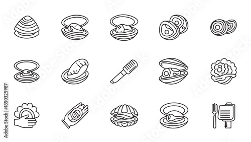 Array of line-art seafood, a tool, and a dish