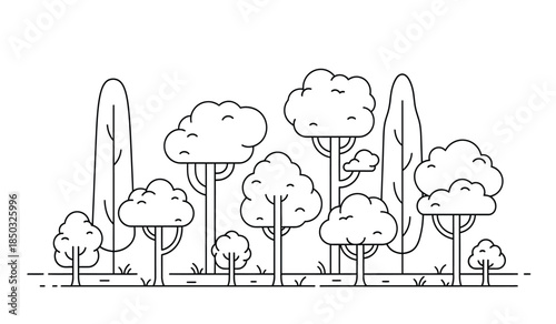 a minimalistic black and white illustration depicts a forest landscape with various stylized trees and bushes creating a serene natural scene high quality