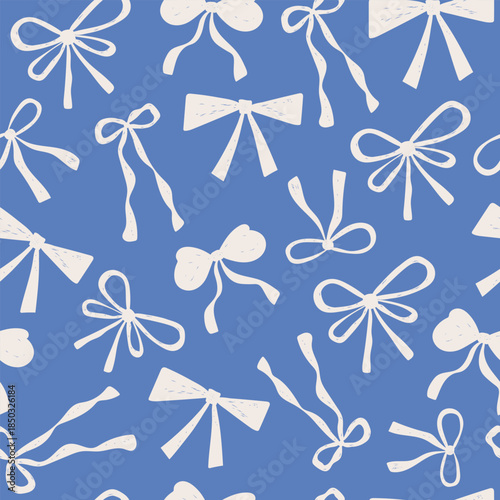 A seamless pattern with hand-drawn festive bows on a blue background. An elegant graphic element for printing on fabric, wrapping paper, or as a digital background.