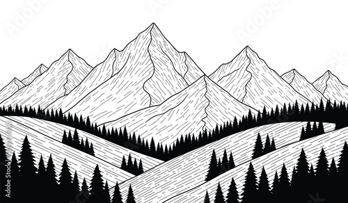 a detailed black and white illustration depicts a scenic mountain range with lush evergreen forests and gently sloping hillsides below high quality professional