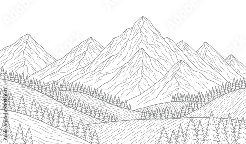 a detailed black and white illustration portrays a serene mountain range with rolling hills covered in dense forest vegetation creating a peaceful landscape