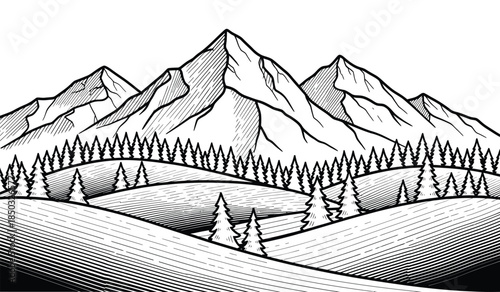 A detailed black and white illustration depicts a majestic mountain range with dense evergreen forests and rolling hills creating a serene landscape