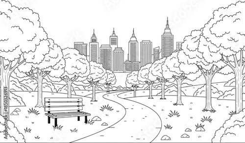 a detailed black and white illustration depicts a park pathway leading towards a skyline of tall buildings and trees high quality professional modern