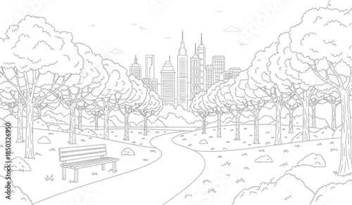 a detailed illustration shows a park with a winding path trees a bench and a city skyline in the background creating a serene urban landscape