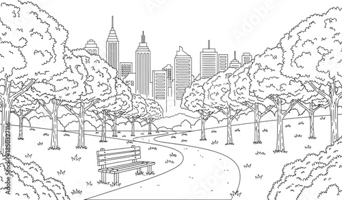 a detailed line drawing showcases a park scene with lush trees framing a distant cityscape complete with iconic skyscrapers and a winding pathway