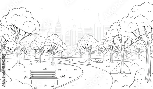a serene park scene unfolds with lush trees a winding pathway a solitary bench and a distant cityscape all rendered in detailed monochrome linework