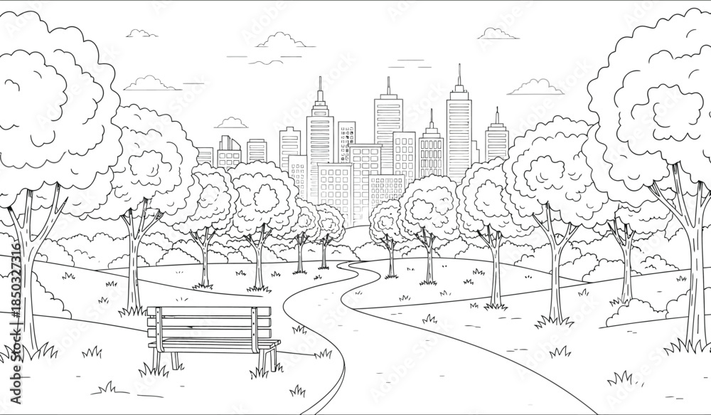 Obraz premium a detailed black and white illustration showcases a serene city park with winding pathways lush trees and a distant cityscape skyline creating a peaceful scene