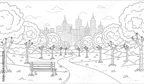 a detailed black and white illustration showcases a serene city park with winding pathways lush trees and a distant cityscape skyline creating a peaceful scene