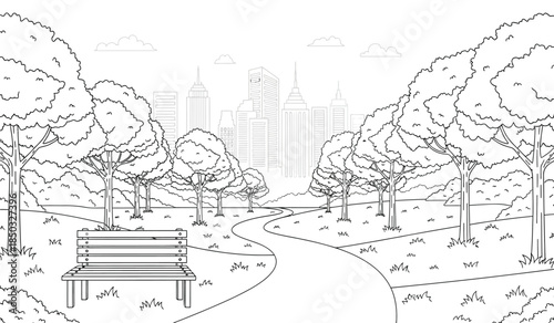 a detailed line art illustration depicts a park pathway leading towards a distant cityscape featuring trees and a bench high quality professional modern