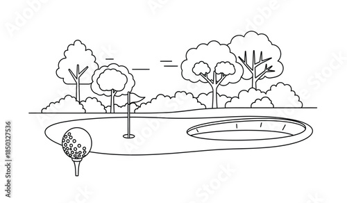 a simple black and white line drawing depicts a miniature golf course with a hole trees and a golf ball on a tee