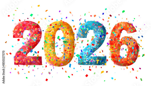 Colorful “2026” digits with confetti texture and scattered pieces on transparent background, festive and bold.