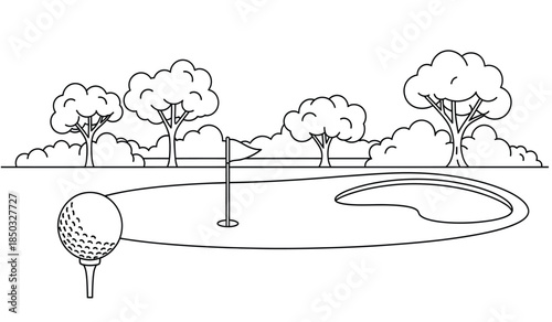 a simple black and white line drawing depicts a golf course with a ball on a tee a flag trees and a water hazard
