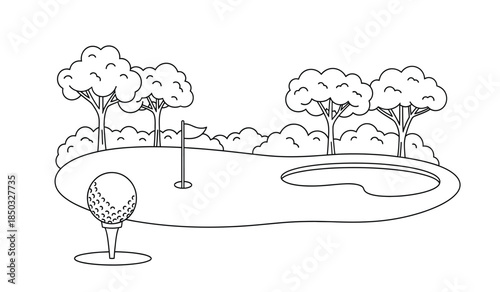 a simple black and white line drawing depicts a golf course scene with a ball on a tee trees and a hole