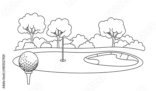 a simple black and white illustration depicts a golf scene featuring trees a putting green a hole and a golf ball on a tee