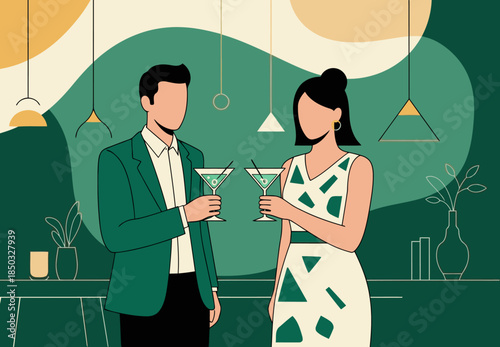 Stylish couple toasts with cocktails at a modern networking event. Elegant attire, sophisticated ambiance, and a focus on connection. Perfect for business and lifestyle visuals.