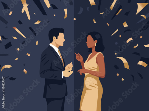 A stylish couple shares a golden moment, celebrating together against a dark backdrop of falling confetti. Elegant and festive, perfect for events and relationships.