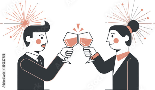 Two professionals celebrate success with a toast. Modern illustration style with fireworks. Cheers to achievement!?
