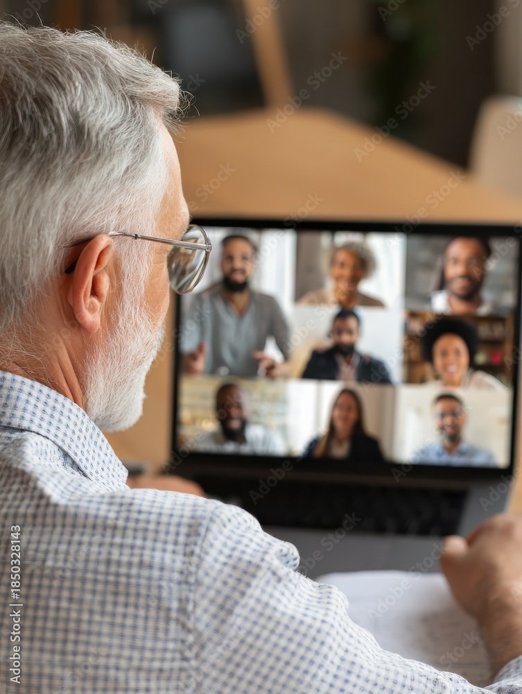 Fototapeta premium business man talking with diverse team people having digital group video call global conference working leading online virtual meeting training on pc computer over shoulder videocall screen view no l