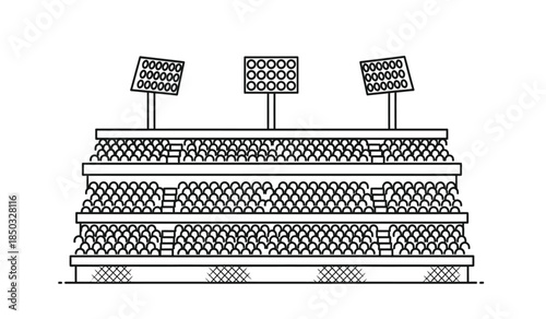 A minimalist black and white line drawing depicts a stadium with tiered seating and three prominent floodlights atop the structure high quality professional