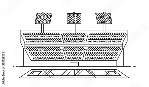 A simple line drawing depicts an empty stadium with tiered seating floodlights and a rectangular field below showcasing athletic infrastructure high quality professional