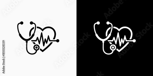 Stethoscope and heartbeat vector design in a modern, simple, clean, and abstract style. Icons for business, research, health, and science.
