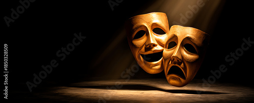 Golden drama masks portraying comedy and tragedy