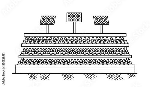 a simple line drawing depicts a stadium with tiered seating floodlights and a textured ground surface showing an empty sports arena high quality