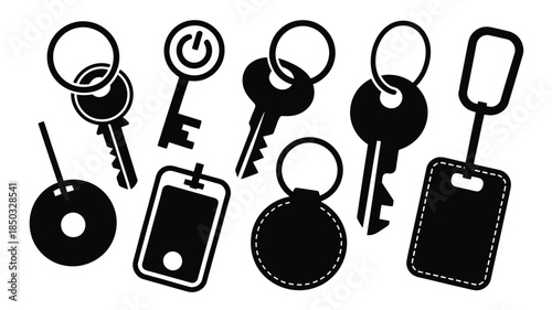 Keychain silhouette icon set with keys, keyrings, tags, and lock accessories, vector collection isolated on white, perfect for security graphics, locksmith design, digital illustrations