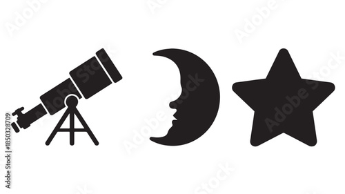 Telescope with crescent moon and star silhouette in simple flat design on white background for astronomy education