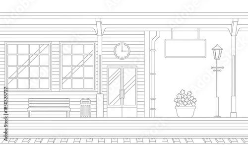 a detailed line drawing showcases the facade of a quaint building featuring windows a central doorway a clock and decorative elements alongside a railway track