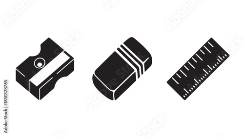 Pencil Sharpener and Ruler Icons in Minimalist Design with Simple Shapes and Black White Color Scheme for Stationery Illustration