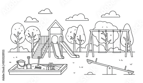 a detailed line drawing depicts a children s playground with a playhouse slide swings seesaw and sandbox under a partly cloudy sky