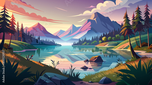 Very beautiful morning lake view with calm water reflecting distant mountains, soft light, and peaceful atmosphere, creating a timeless natural landscape ideal for relaxation and contemplation.