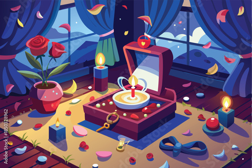 proposal scene with a diamond ring in a velvet box