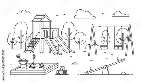 a detailed line drawing depicts a charming outdoor playground scene with a slide swings a seesaw and a sandbox offering fun for kids