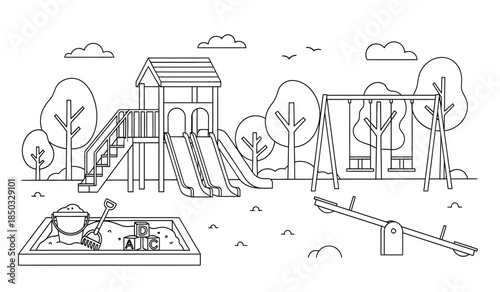 a charming black and white illustration depicts a playground scene with a swing set slide sandbox and seesaw surrounded by trees and clouds