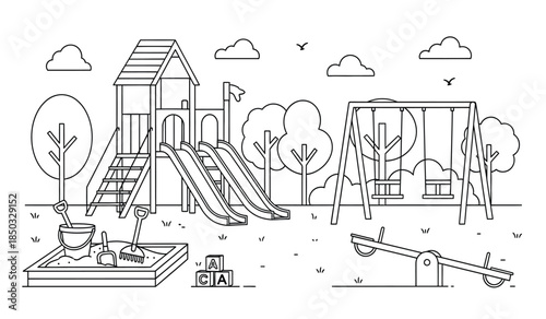 a detailed black and white line drawing depicts a children s playground including a playhouse swings slide seesaw and sandbox under a cloudy sky