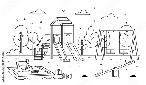 a detailed line drawing showcases a children s playground including a playhouse slides swings a seesaw and a sandbox in a park setting