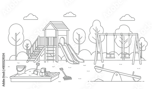 a delightful black and white line drawing showcases a children s playground with a wooden playhouse slide swings and sandbox for outdoor fun