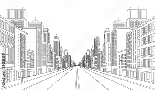 an architectural rendering depicts a long straight road leading through a densely populated city with tall skyscrapers and buildings in a sketch style
