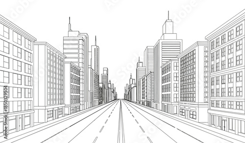 an architectural rendering depicts a long straight city street lined with tall skyscraper buildings in a detailed monochrome line drawing style high quality