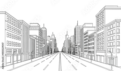 a detailed black and white line drawing depicts a long straight city street receding into the distance flanked by numerous tall buildings