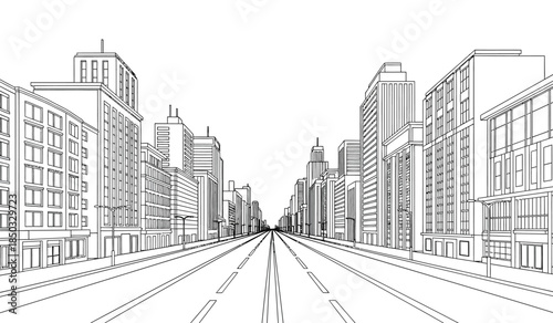 a detailed black and white line drawing depicts a long straight city street stretching towards the horizon flanked by numerous skyscrapers and buildings